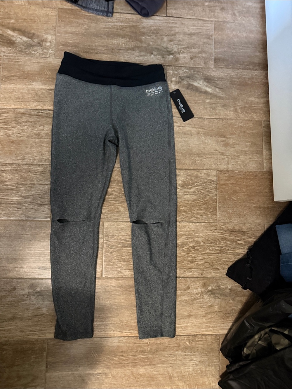 bebe Gray Leggings with Black Waistband and Knee Cutouts